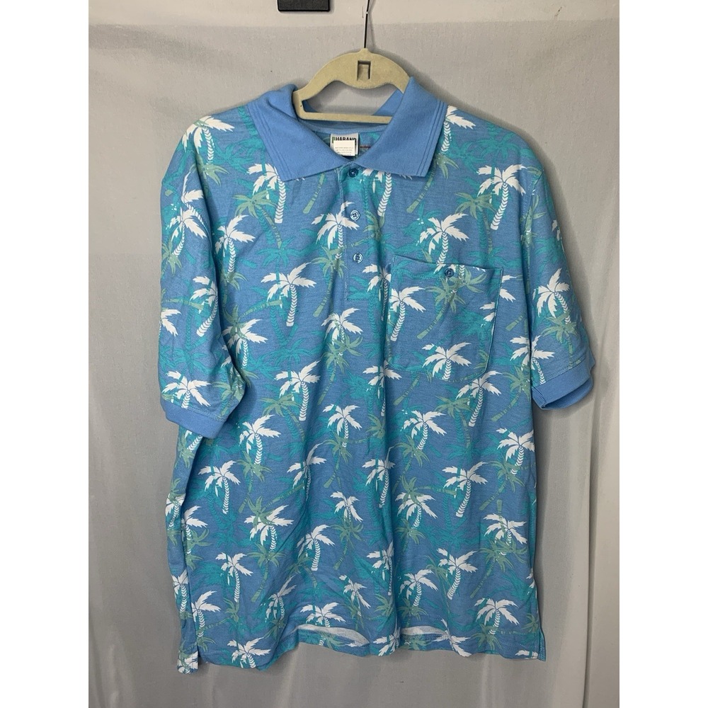Mens XL Blue Tropical Palm Tree Hawaiian Polo‎ Short Sleeve Haband
